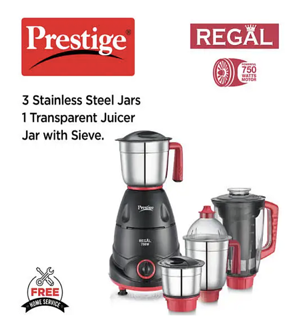 Prestige Regal 750 Juicer Mixer Grinder (4 Jars, Red and Black)